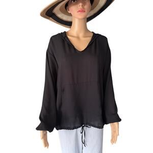 Karen Kane Black Semi Sheer Hoodie Blouse, Women's Size M